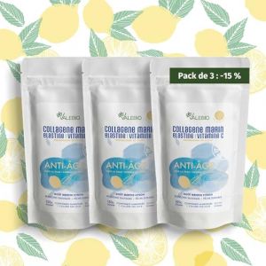 Pack 3 Collagènes marins en poudre goût menthe citron, type 1-3, Elastine & Vitamine C | Anti-âge & anti rides | 450g | Cure 1 mois | Fabriqué en France | Valebio (Valebio, neuf)