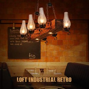 Lustre Fer Forgé Bois Rétro Suspension Lampe Industrielle Pendentif Lumière Réglable Hauteur Industrielle Loft Bar Suspendus Éclairage Salle À Manger Personnalité Créative Abat-Jour Verre (AHQXFR, neuf)