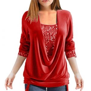 Chemisier Femme Paillettes Strass Sexy SoiréE Haut Faux Deux Pièces Ample à Smocks et Col en U à Sequins Blouses Manche Longue Chic Et éLéGant (⭐⭐⭐⭐⭐Zeiayuas, neuf)