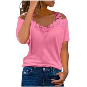 Haut Femme Dentelle, Tee Shirt Blanc Épaules Dénudées-Top Sexy Manche Courte Couleur Unie Épissage Chemisiers Chic Et Elegant Basique Blouses Casual Comfy Regular Fit Tunique (LOSSLO(Livraison 5-14 jours), neuf)