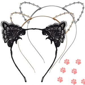 3 Pi&egrave;ces Serre Tete Chat, FUKPO Serre Tete Oreille de Chat Cosplay Serre-T&ecirc;te Dentelle Sexy Noir pour Femme Filles, Bandeau Cheveux Chat M&eacute;tal Strass Argent Dor&eacute; pour Halloween Accessoires F&ecirc;te (KTT TEEN, neuf)