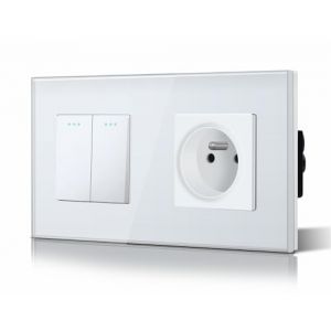 BSEED Interrupteur &agrave; Bascule Interrupteur Verre et 16A AC Prise standard fran&ccedil;ais Vitre en Verre 2 Gang 1 voie Interrupteur Mural Blanc (Bseed-EU, neuf)