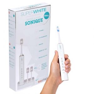 SUPERWHITE - Biosynex - Brosse à Dents Électrique Sonique - Rechargeable - 5 Modes de Brossage - 3 Mois d'Autonomie - Minuteur de 2 Min - Contient 1 Manche et 3 Brossettes - Couleur Blanche (LABOTC, neuf)