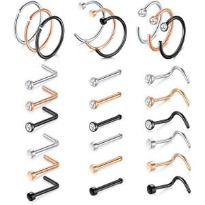 incaton Piercing Nez 20g Percing au Nez 0.8mm Piercing Nez Anneaux 27Pcs Anneau Nez Piercing Acier Inoxydable Diamant en Vis Femme Homme (Ace Body Jewelry, neuf)