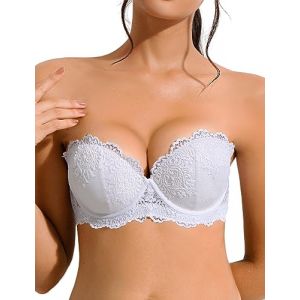 YANDW Soutien-gorge sans bretelles en dentelle push-up fortement rembourr&eacute; avec bretelles transparentes multivoies sans bretelles soutien-gorge balconnet pour femme, white-417, 95B (E-Yandw, neuf)