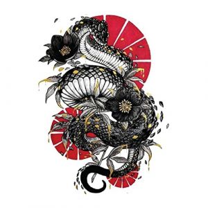 Tatouage autocollant, Tatouages ​​temporaires, 1 feuille serpent noir tournant dragon autocollant de tatouage temporaire style chinois fleur bras cuisse couvrant cicatrice faux tatouage (WSWDMYXD, neuf)