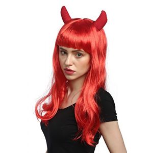 WIG ME UP - 90897-ZA13 Perruque Mesdames Carnaval Halloween Longs, Rouges, Cornes, Diable pin-up Poney Retro Rockabilly 50 cm (VK Event Fashion, neuf)