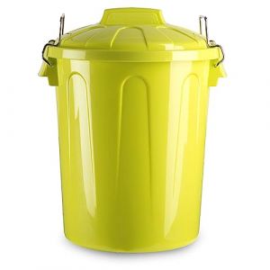 Tradineur - Poubelle en plastique, avec couvercle et poign&eacute;es en m&eacute;tal, produit en Espagne, conteneur pour d&eacute;chets, capacit&eacute; 51 litres, 54 x 44 x 44 cm, jaune (TRADINEUR, neuf)
