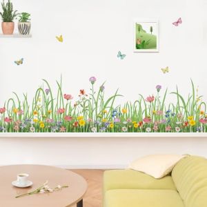 wondever Stickers Muraux Herbe Verte Fleurs Coin Plinthe Autocollants Muraux Mural Stickers Plantes Papillon pour Chambre Fille Enfants Salon (Wondever EU, neuf)