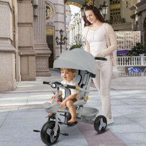 Poussette Tricycle à pédale4 en 1,Tricycle Enfants évolutif,Poussette Tricycle à pédale,et Pare-Soleil Pliable Amovible et Canne Parentale Ajustable-100 * 75 * 50cm-Gris (Hechheu, neuf)