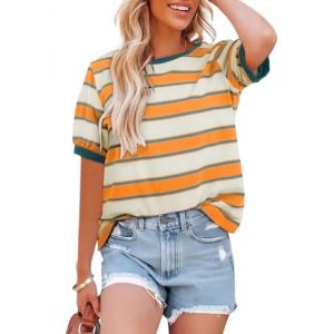Cuptacc Tee Shirt Femme Col Rond D&eacute;contract&eacute; Ample Chemise &Agrave; Rayures Color&eacute;es Manches Courtes Tunique &Eacute;t&eacute; Doux Confort Simple T Shirt Femme Blanc Orange S (Cuptacc Flagship Shop, neuf)