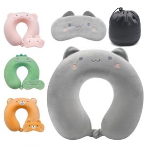 Lookka Oreiller de Voyage Mignon pour Enfant, Coussin de Soutien du Cou en Mousse &agrave; m&eacute;moire de Forme (Housse Lavable) avec Joli Masque pour Les Yeux pour Dormir et se Reposer en Avion, Appui-t&ecirc;te de (Redsno, neuf)