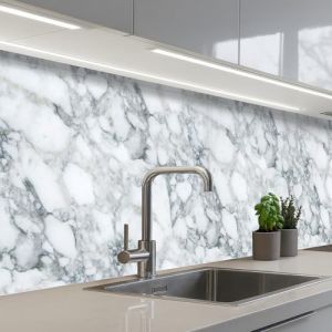 KitchenYeah© Crédence Cuisine À Coller 60x200 cm Protection Plaque De Cuisson Adhesif Plastique Rigide Dalle Murale Mosaïque - Marbre - Blanc - Irrégulier (KitchenYeah, neuf)