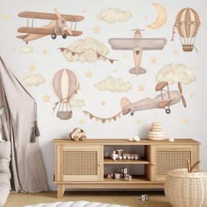 Wally Fox Stickers Muraux Enfants – Autocollants Décoratifs - Non Toxique, Sûr, de Haute Qualité – Déco Chambre – Avions, ballons, étoiles, nuages, marron beige, bohème - XL - 34pcs (Mini Dekor, neuf)