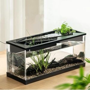 Cachpib Petit aquarium rectangulaire avec pompe à eau, couvercle transparent, système de cycle écologique, en acrylique haute transparence, pour le salon, avec lumière intégrée (GalaxyK19, neuf)