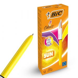 BIC Lot de 12 stylos solaires rétractables 4 couleurs Jaune Soleil Couleur Corps Stylo multicolore avec quatre encres vives assorties Stylos multicolores tout en un pour l'école, le bureau et le code (DLM Direct FR, neuf)