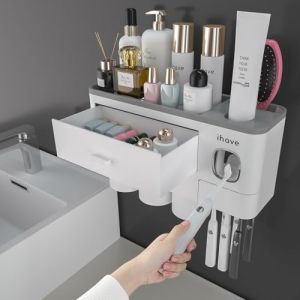 iHave Porte Brosse à Dents Organisateur Salle de Bain,Distributeur Dentifrice avec Support Brosse a dent,Rangement Brosse a dent avec Grand Plateau de Rangement, tiroir cosmétique,3 Pot Brosse a dent (iHaveHome, neuf)