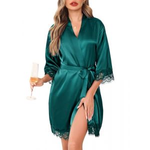 Lovasy Peignoir Satin Femme Mariage en Dentelle Robe de Chambre Soie Court Kimono Bride Sexy L&eacute;ger Col V avec Ceinture Robe de Demoiselle d'Honneur,B-Vert fonc&eacute;,L (Lovasy Direct, neuf)