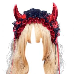 alloneslife Bandeau d'oreille en forme de corne de diable pour femme - Bandeau plissé en dentelle - Pour Halloween, photographie - Rouge foncé (JINGYIKEJIGS, neuf)