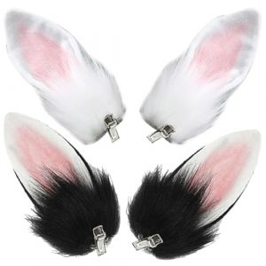 MOLUCKFU Lot de 2 Paires D&rsquo;&Eacute;pingles &agrave; Cheveux Oreilles de Lapin en Peluche Accessoires Cosplay Costume de Lapin D&eacute;coration L&eacute;g&egrave;re et Confortable pour F&ecirc;te Carnaval Photo Noir Blanc (Ziyiiu, neuf)