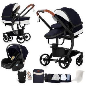 Nine point nine Cuir PU Poussette 3 en 1, Poussette Bebe avec Double Modes de Poussée Réversibles, Poussette Canne avec Nacelle Confortable, Pousettes Cadre Aluminium Haute Paysage (L518 Black Blue) (Kaiwen baby products, neuf)