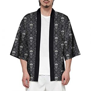 CIZEUR Kimono Japonais Homme Veste Vintage Chinese Style Casual Chemise Homme Manches 3/4 Taille Grande, 4XL Cr&acirc;ne (Cizeu, neuf)