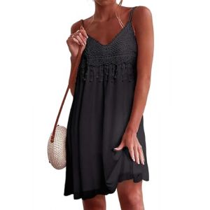 Zeagoo Robe Boho Femme Noire Spaghetti Robes de Plage Bohémienne Décolleté en V Dentelle avec Franges Robe Courte Décontractée S (Zeagoo direct, neuf)