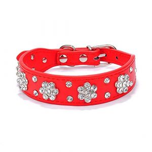 Homieco Strass Fleur Colliers Chien Cuir Clout&eacute; Cristal Brillant Diamants Callor pour Petits/Moyens Chiens, M/Rouge (Etocars, neuf)