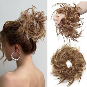 TESS Postiche Chignon Synthetique, Postiche Chignon Cheveux Naturel Chignon Elastique Chignon Postiche D&eacute;coiff&eacute; Extension Chouchou Chignon, Brun Clair + Blond Moyen (TESS Official, neuf)