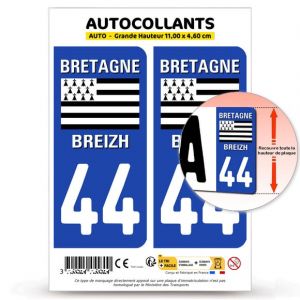 Autocollant Plaque Immatriculation 2 Stickers d&eacute;partement 44 Loire-Atlantique - Pays de la Loire II en Version Fond Bleu : 11 x 4,6 cm (Grande Hauteur) (blasonimmat, neuf)