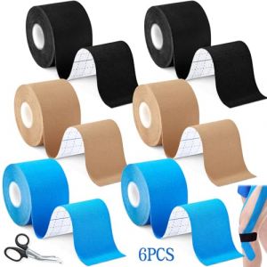 SaiXuan 6 Rouleaux Bande Kinesiologie (5cm x 5m) – K Tape Sport Imperméable et Respirant, Haute Élasticité, pour Genou, Épaule, Coude et Cheville – avec Ciseaux de Découpe, Noir/Beige/Bleu Clair (MAGROUTI FOUAD, neuf)