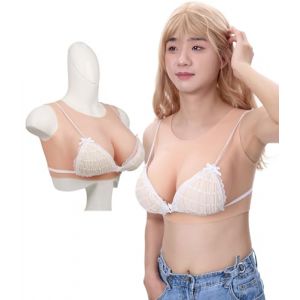 Peikey Faux Sein Silicone Travesti, [Version Col Rond] Fausse Poitrine Bust en Silicone réaliste avec Soutien-Gorge Approprié, pour Drag Queens, Cosplay, Bonnet B Blanc avec Coton Léger (Peikey Store FR, neuf)