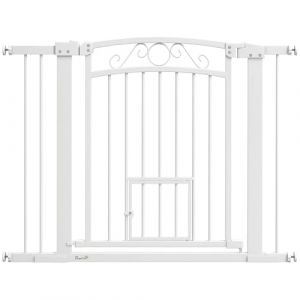 PawHut Barri&egrave;re pour chiens avec fermeture automatique, porte pour chiens 76-104 cm, barri&egrave;re de s&eacute;curit&eacute; avec 2 extensions 7/14 cm, montage facile, double verrouillage, pour escaliers et portes (OutSunny Iberica, neuf)
