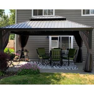 PURPLE LEAF Tonnelle de Jardin Exterieur 4,85 x 3,65 m Pergola Aluminium avec Moustiquaire et Rideaux Pavillon de Jardin à Double Toit Acier Galvanisé, Gris (PURPLE LEAF, neuf)