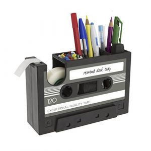 Petite Fortune Créatif Pot à Crayons Forme Cassette Rétro Dérouleur Dévidoir de Scotch Organiseur Bureau Mulit-Fonctionnel Boîte de Stylos Pot à Pinceaux de Maquillage, offrir 1 Rouleau de Scotch (Petite Fortune, neuf)