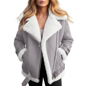Manteaux Femme d'hiver Blouson Daim Simili Mouton Imitation Veste Chaude Retro Moto Manteau Grande Taille Veste Femme Mi Saison Doudoune avec Poches Et Zipp&eacute; (YUYUEJUE, neuf)