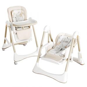Prokoke Cuir PU Chaise Haute Bébé avec Modes de Balancement et D'alimentation, Chaise Haute Convertible Pliable Pour Tout-Petits avec Réglages Multi, Plateaux Doubles Amovibles, Roues (8121 White) (Ziliang, neuf)