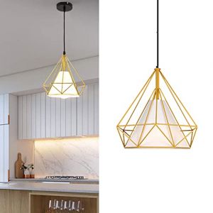 E27 Suspension Lustre M&eacute;tal Moderne Luminaire Industrielle, Lampes de Plafond Abat-Jour Forme Diamant M&eacute;tal D&eacute;coration d'&eacute;clairage pour Cuisine Chambre Lampe de Salle (Or) (JIYOUMI, neuf)