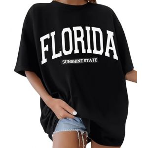 Lonya Tee Shirt Femme Oversize &agrave; Col Rond Manches Courtes Florida Imprim&eacute; De Lettres Grande Taille Haut Femme D'&eacute;t&eacute; D&eacute;contract&eacute; Tshirt Long Tunique Casual Loose Cr&eacute;atives Coton, Noir, M (YSPEU, neuf)