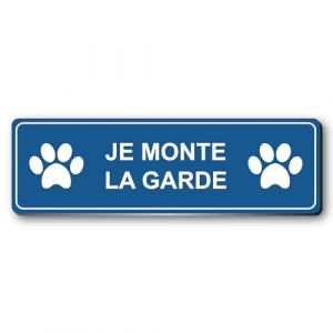 Plaque gravée personnalisée autocollante logo JE MONTE LA GARDE + logo pattes de chien - 13x4 cm Bleu Foncé (my-goodprice, neuf)