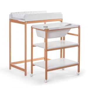 OKBABY Woody - Table à langer en bois avec baignoire ergonomique et roulettes, complète avec matelas à langer doux pour nouveau-nés - 0-12 mois (11 kg) - Blanc (WEBSTER IT, neuf)