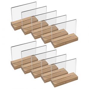 HMF 46943 Présentoir de table en acrylique avec pied en bois | Porte-affiche DIN A5 format horizontal | Présentoir de buffet apéritif transparent | 10 pièces (hmf_shop, neuf)