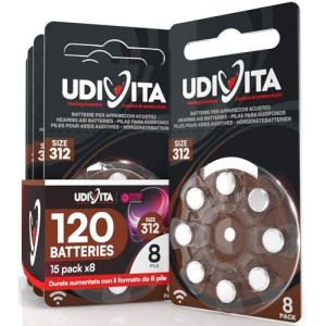 120 Piles Auditives Taille 312 Udivita PR41 (Marron) Zinc-Air Hearing Evolution avec Technologie Phono Pulse - 15 Blisters de 8 Piles (Eurocali, neuf)