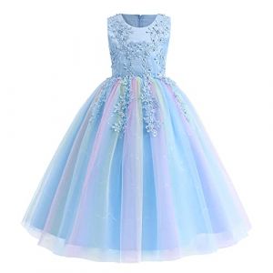 IWEMKE Enfants Filles Robe Mariage Tulle Dentelle Robe Princesse Longue Fleur Brod&eacute;e Soir&eacute;e Demoiselle d'honneur Robe Tutu sans Manches Pageant Bapt&ecirc;me F&ecirc;te Anniversaire Carnaval Bleu Color&eacute; 11-12 ans (IWEMEK, neuf)