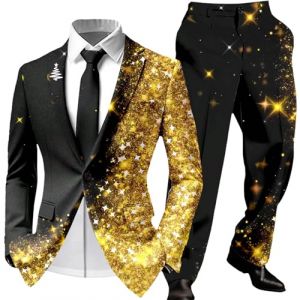 Foweknow Costume de No&euml;l pour Hommes 2 Pi&egrave;ces Costume de No&euml;l Moche 3D Imprim&eacute;e Ensemble de Veste et Pantalon de Costume Complet Tenue de F&ecirc;te de No&euml;l Costume de F&ecirc;te pour Hommes Slim Fit, jaune, S (ROTPMS, neuf)