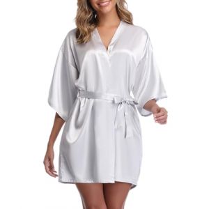 Vlazom Kimono Femme Satin Mariage Bridesmaid Peignoir Manche Courte Peignoir Robe de Soirée de Mariage，Argent，XXL (Vlazom, neuf)