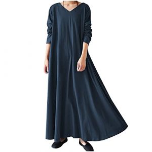 TRIGLICOLEUM Robe longue pour femme - Vintage uni - Hiver - Kaftan ample et d&eacute;contract&eacute; - Manches longues - Col en V - Pull-robe - Chaud - Coton - Maxi robe - Robe de loisirs - Robe quotidienne pour (yishu`poe, neuf)