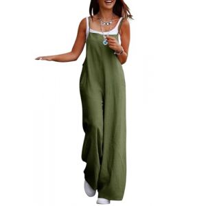 shownicer Femme Salopette Casual Large Ample Pantalon Combinaison Jumpsuit Chic Lin Poches Playsuit Overalls Rompers A Armée Verte S (Bang Okay Design, neuf)