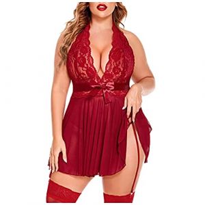 Lingerie Sexy Dentelle Nuisette Sexy Sensuelle Grande Taille avec String Ensemble Lingerie 2 pièces Robe de Nuit Courte Chemise de Nuit Eté Sexy Femme Sensuelle Coquin Grande Taille Lingerie (Surpass_store(5-15 jours Arrivé), neuf)
