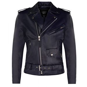 Infinity Leather Blouson Motard Brando en Cuir Bleu Marine pour Homme Blouson en Peau de Vache Rétro Rock XS (Infinity Leather Collection, neuf)